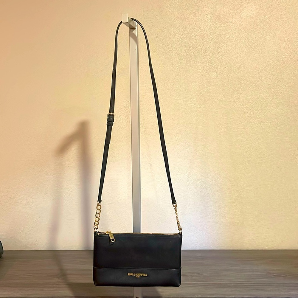 Karl Lagerfeld Paris Black Shoulder Bag Simple w/Gold Chain Clean EUC